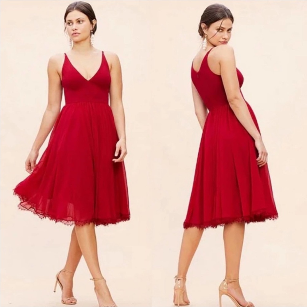 Dress the Population Red V-Neck A-Line Midi Dress